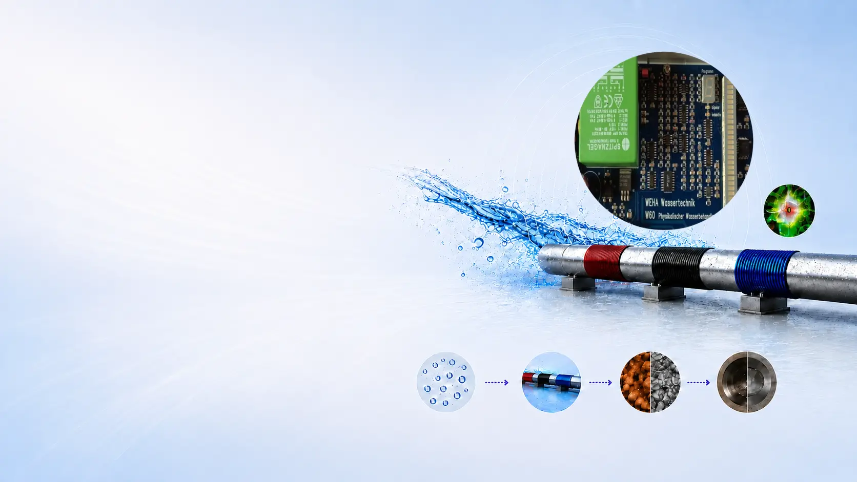WEHA circuit board, pipe coils, physical fields and four treatment stages
