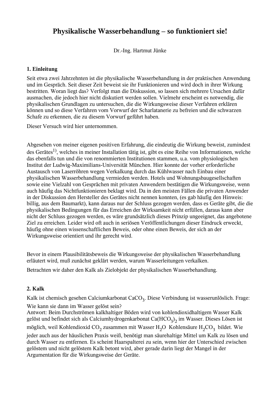 Cover of the German paper Physical Water Treatment – How It Works by Dr.-Ing. Hartmut Jünke