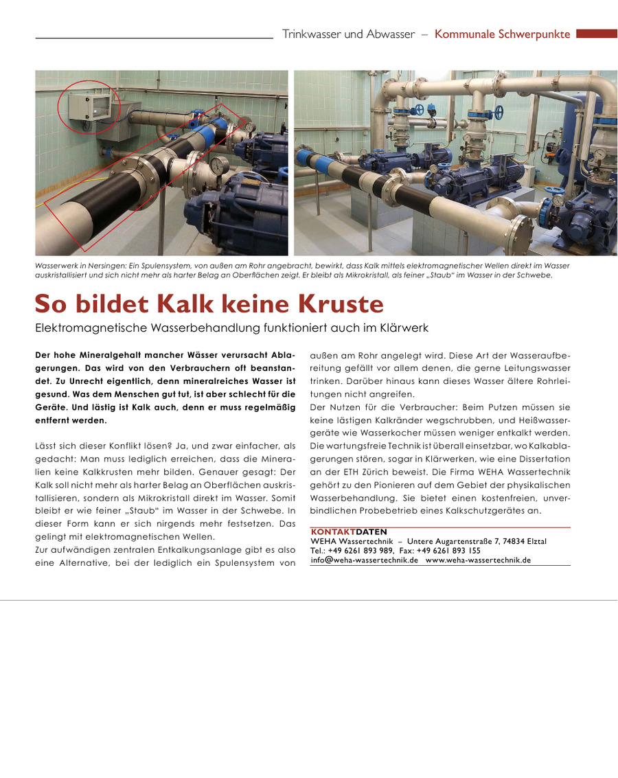 Article about a WEHA coil system in a waterworks