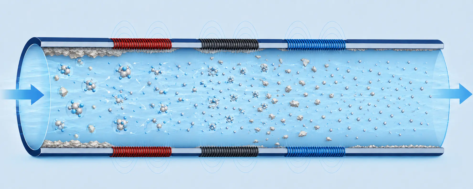 Diagram of the general physical water treatment principle with crystal formation in the water flow